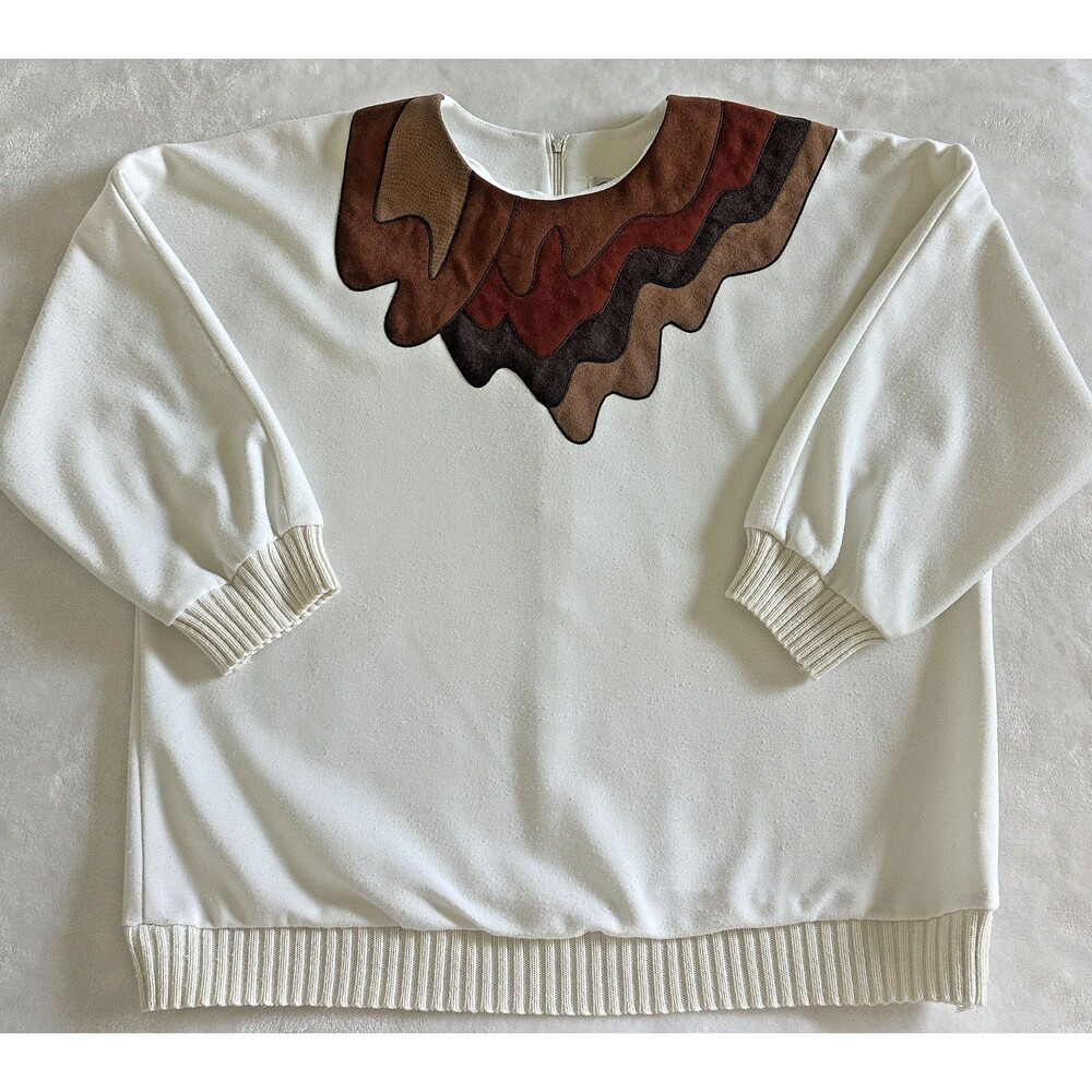 Vtg 80s 90s Leslie Fay Faux Suede Patchwork Sweatshirt Cream Brown Oversized XL